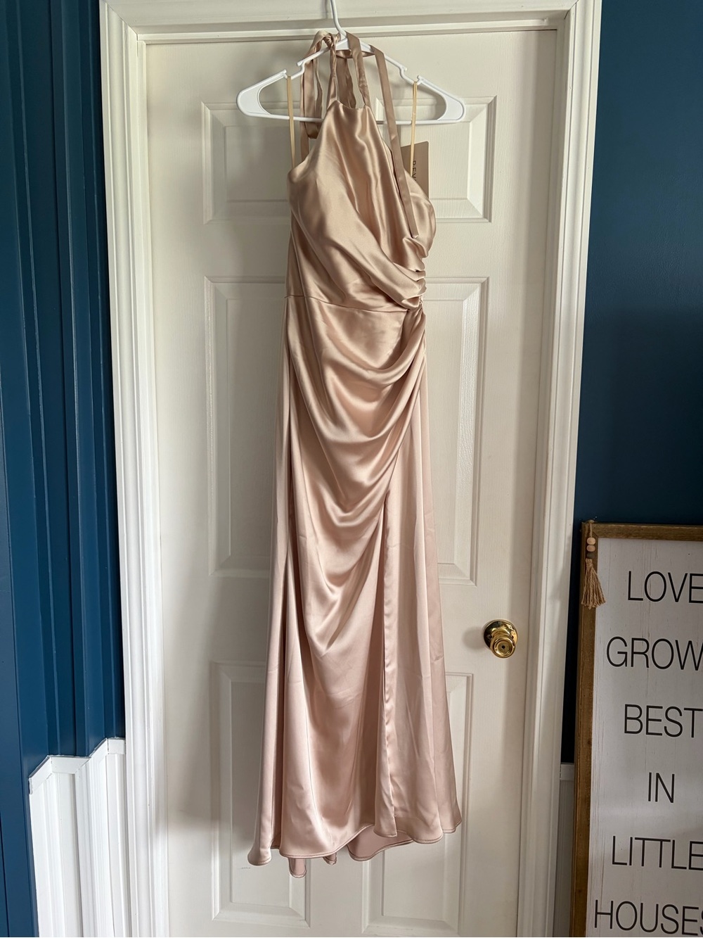 Revelry Fallon Satin Halter Bridesmaid Dress in Gold Champagne